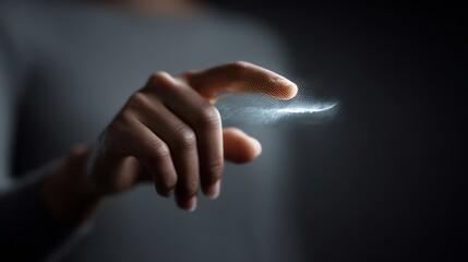 Human hand interacts with a glowing digital interface, futuristic technological connection