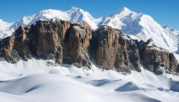 Snow-covered mountain range under bright daylight, daylight view of snowy mountain landscape, winter, cold, outdoors, nature, scenery, horizon, wilderness, summit, snowflakes