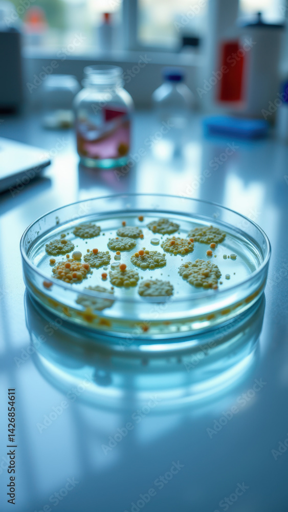 Poster small glass container filled with soil samples, used for testing or analysis in a scientific setting
