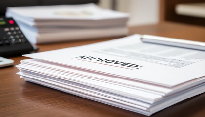 A close-up view of approved documents stacked neatly on a desk, symbolizing successful project completion.