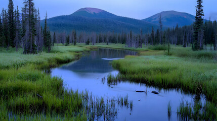 Obraz premium Tranquil Mountain Lake Scene With Lush Forest And Gentle River