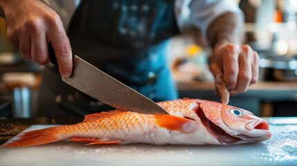Obraz premium Cutting Red Fish on Cutting Board with Knife