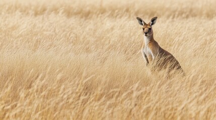 A red kangaroo standing majestically in tall, golden grass, its powerful physique highlighted against the backdrop of a vast, open landscape.
