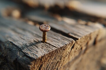 Rustic Nail in Weathered Wood: A Close-Up Study