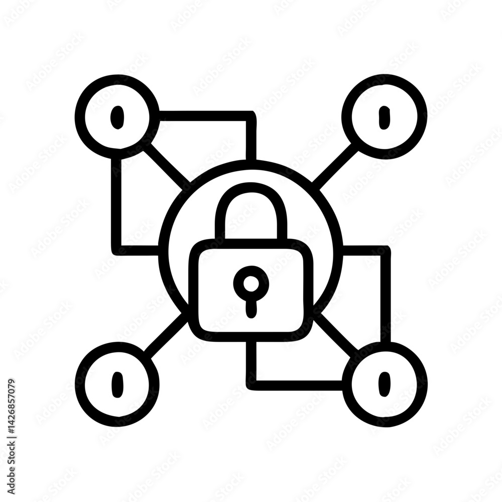 Poster network security blockchain technology cybersecurity data protection lock connection node icon