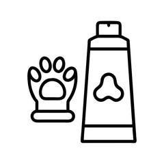 Pet paw care cream tube line art icon vector illustration for grooming and hygiene products design element
