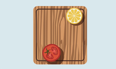 Kitchen cutting boards and wooden chopping board, top view chopping board and vegetable cutting board with vegetables.kitchen cutting board with fresh vegetables.Half tomato and lemon placed in corner