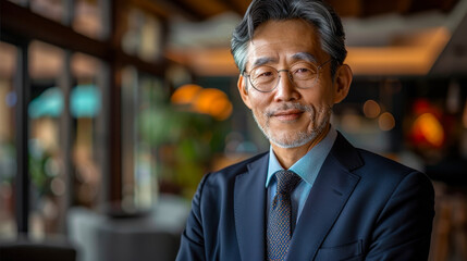 Fototapeta premium Confident Senior Asian Businessman in Office Setting, Formal Attire, Professional Portrait Emphasizing Success, Leadership, and Experience, Daytime