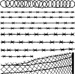 Barbed wire collection silhouette vector. Barbed wire metallic border elements, barb wire set, barb wire icon. Barbed wire fence on the border silhouette illustration