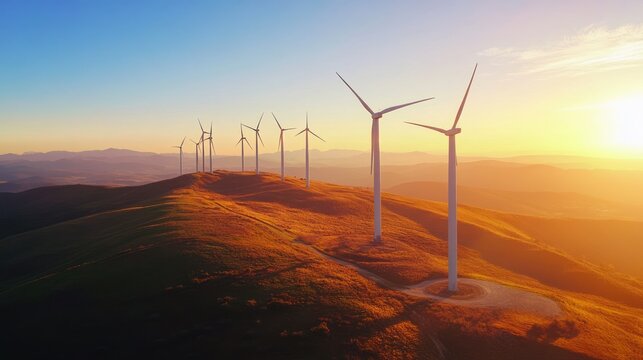 Wind Turbine on Hill at Sunset