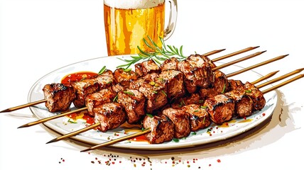 water colored grilled meat on the barbecue. genrative ai