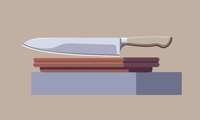  Kitchen knife and cutter with chopping board, Side view knife on chopping board shining sharp cutter with wood handle knife.Used for culinary,cooking tutorials, cutting and kitchenware branding.