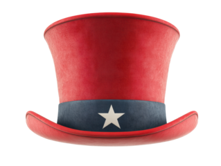 Bright red top hat with blue band and white star for festive events
