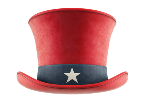 Bright red top hat with blue band and white star for festive events