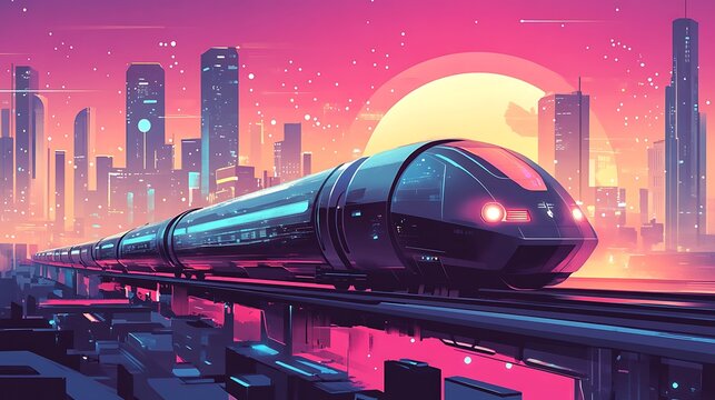 Futuristic Train Cityscape Sunset. (2)