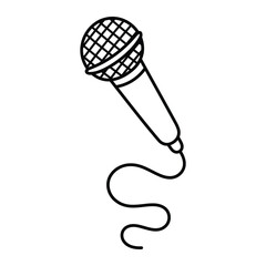 Microphone vector illustration. Hand-drawn doodle style vocal mic with cable. Black line art isolated on white background.