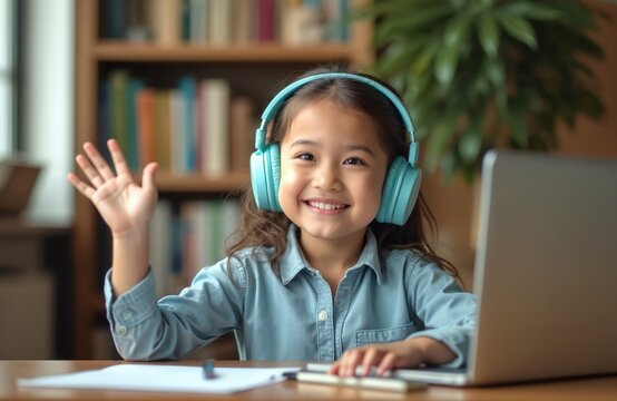 Happy girl waves hand during online lesson at home using laptop and headphones. Homeschooling, video call class concept. Modern education, technology, learning, communication.