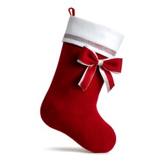 A bright red Christmas stocking with a white cuff and red bow, isolated on a clean white background