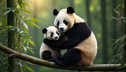 Obraz premium Mother panda hugs cub on bamboo branch, green forest background. Wildlife conservation theme, panda bear with baby, family love. Peaceful, calm, adorable animal in nature. China, endangered species.