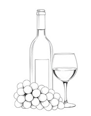 A pencil sketch of a wine bottle, a glass of wine, and a bunch of grapes on a white background