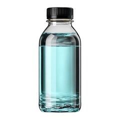 A clear glass water bottle filled with a light blue liquid. The bottle has a black cap and is isolated on a clean white background
