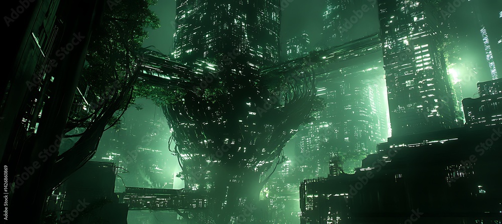 Poster a futuristic jungle where vines glow with neon energy and shift with ai guidance