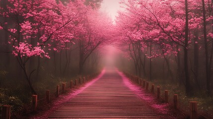 Blossoming Cherry Trees Canopy Over Wooden Path In Dreamy Pink Hued Photo