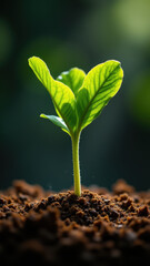 A small plant sprout emerging from soil with its cotyledons fully expanded.