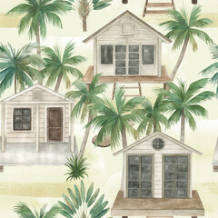 Watercolor seamless pattern with  beach house and palm trees. Tropical landscape. Hand drawn illustration on white background