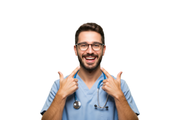 Smiling doctor points to his smile wearing glasses and blue scrubs - png, isolated on transparent background