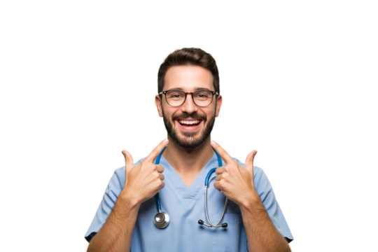 Smiling doctor points to his smile wearing glasses and blue scrubs - png, isolated on transparent background