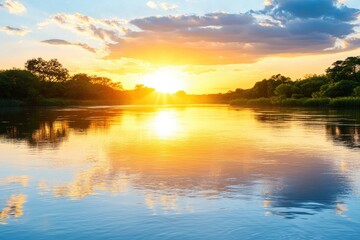 Fototapeta premium A serene sunset over a calm river, with vivid colors reflecting on the water and lush greenery lining the banks.
