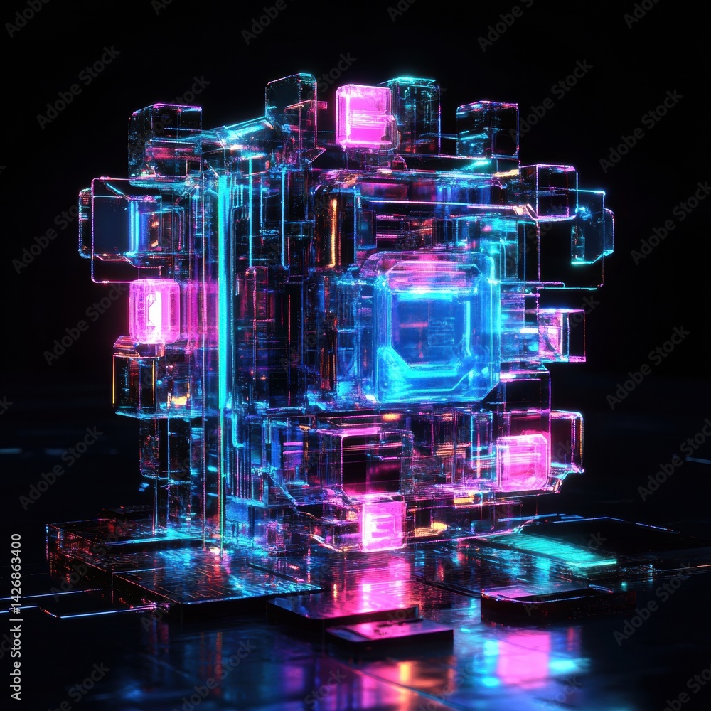 Poster vibrant translucent neon cubes arranged in a mesmerizing cyberpunk style composition showcasing adva