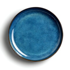 A top-down view of a blue ceramic plate, isolated on a clean white background