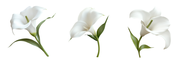 Set of Close-up of a single white calla lily with a trumpet-shaped bloom and glossy green leaves on transparent png background. Ai generated