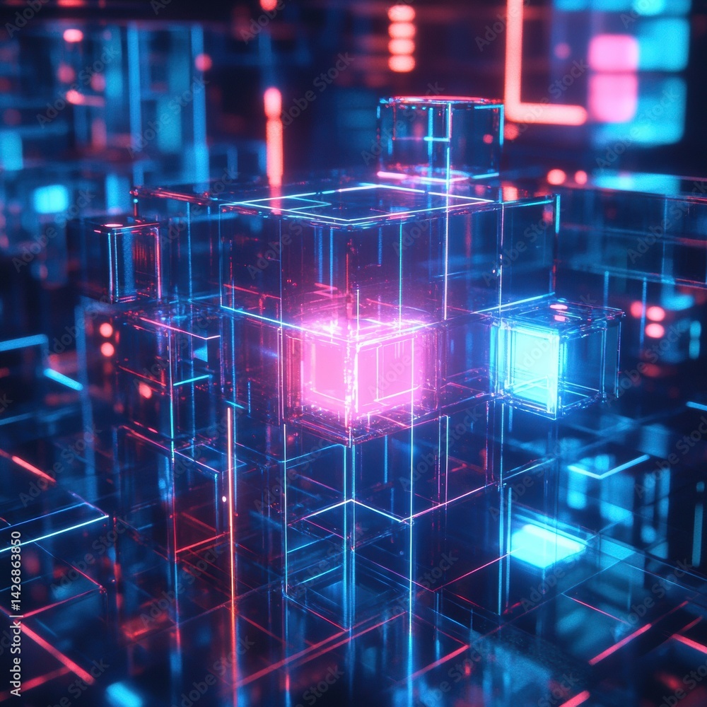 Poster glowing technological cubes arranged in a cyberpunk style showcasing vivid neon colors and a translu
