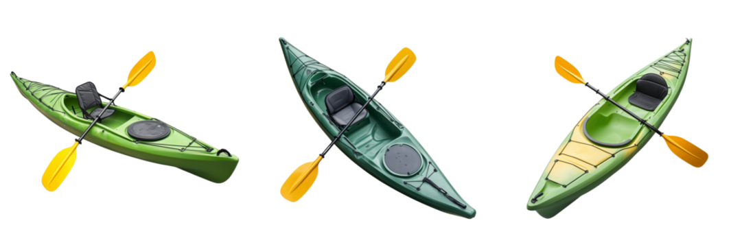 Set of A rugged man in his 30s wearing a life jacket kneels beside a red kayak on transparent png background. Ai generated