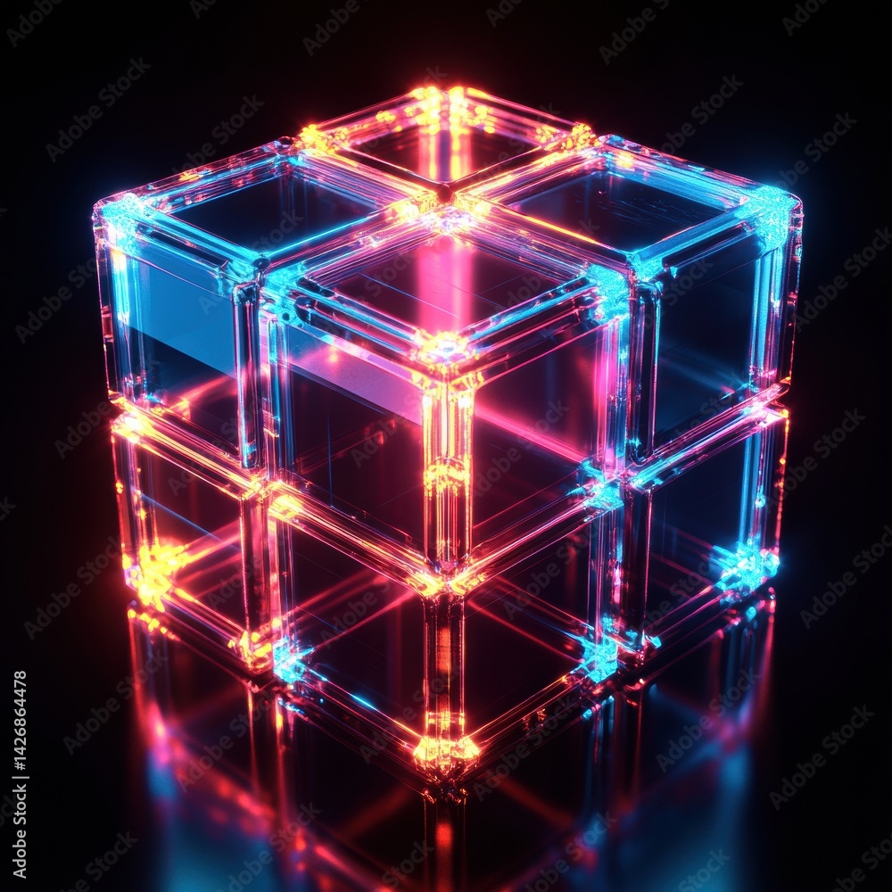 Aufkleber neon translucent glow of technological cubes creates a striking cyberpunk sci-fi display in a futuri
