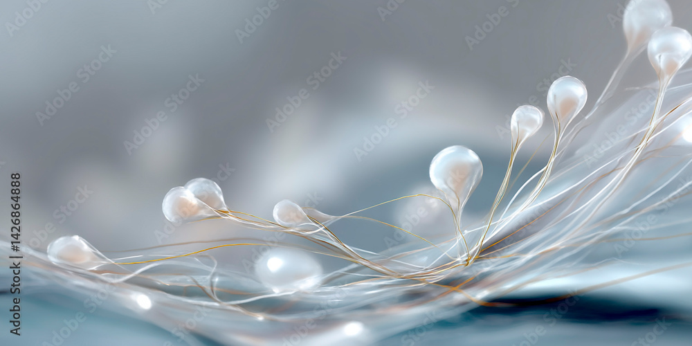 Poster delicate translucent tendrils with pearl-like tips flowing over a soft blue surface in a serene and 