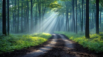 Obraz premium Sunbeams pierce a misty forest path