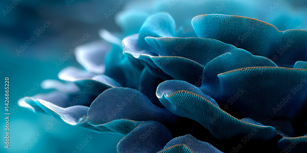 Poster vibrant layered structure resembling abstract blue petals with golden edges, featuring a delicate te