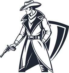 Vintage Cowboy Illustration Holding a Revolver in Classic Western Style