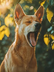 Captivating Double Exposure of a Dingo Yawning Surrounded by Nature's Brightness and Leafy Delight