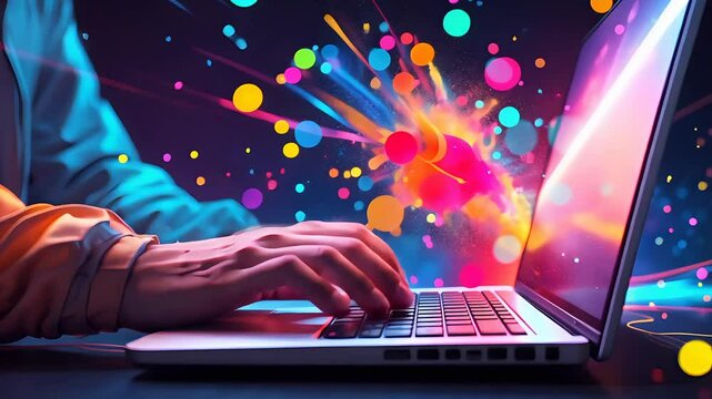 Person typing on laptop with colorful digital splashes and abstract design emanating from the screen, symbolizing creativity and innovation.


