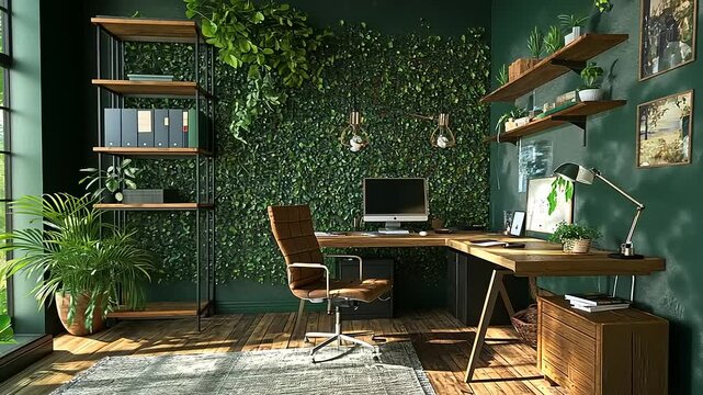 Cozy Home Office with Green Plants and Natural Light in Modern Design