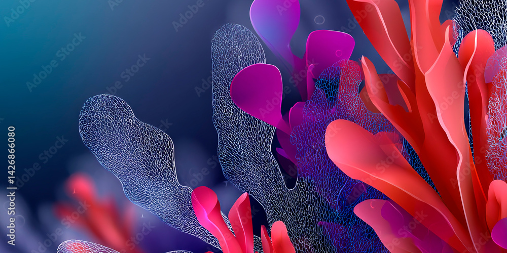 Aufkleber vibrant abstract underwater scene with red and purple coral-like shapes and translucent mesh structu