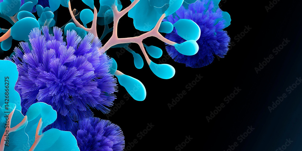 Poster futuristic abstract flora with vibrant blue and purple spiky textures and soft branching elements ag