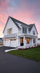Spacious modern farmhouse, vibrant pink and blue evening sky, captivating sunset light - Twilight windows Scenic Home Living