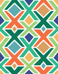 Seamless geometric pattern with multicolored geometric shapes outlined with a white stroke. Modern style. Vibrant summer colors. Abstract vector illustration.