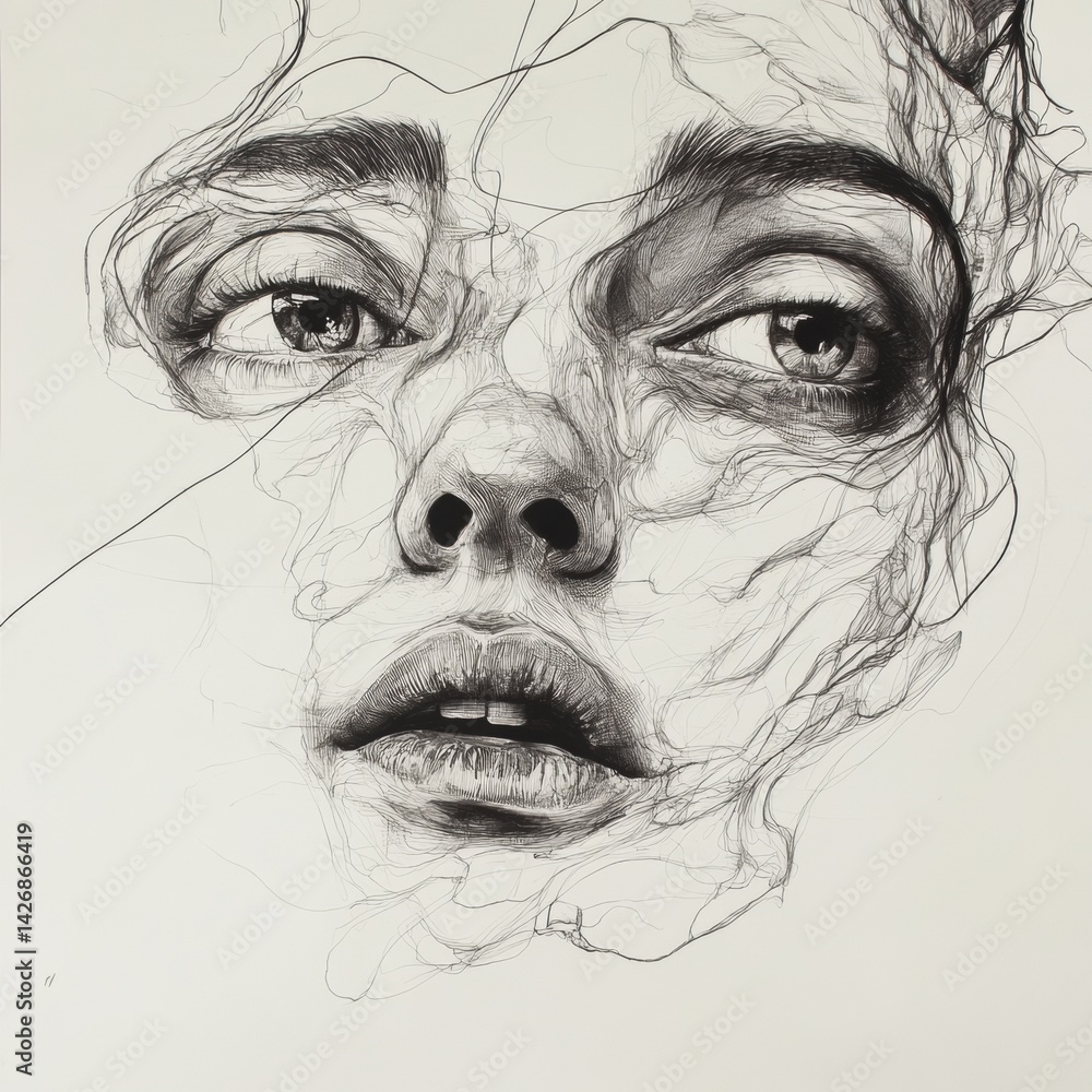 Poster intricate vector drawing showcasing a close-up of a woman's face with flowing lines and abstract ele